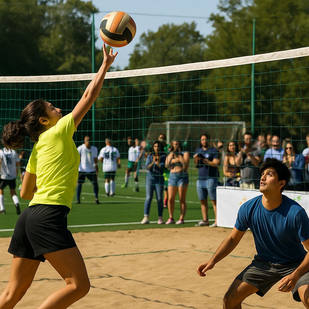 Exciting beach volleyball match with players in action and engaged crowd watching