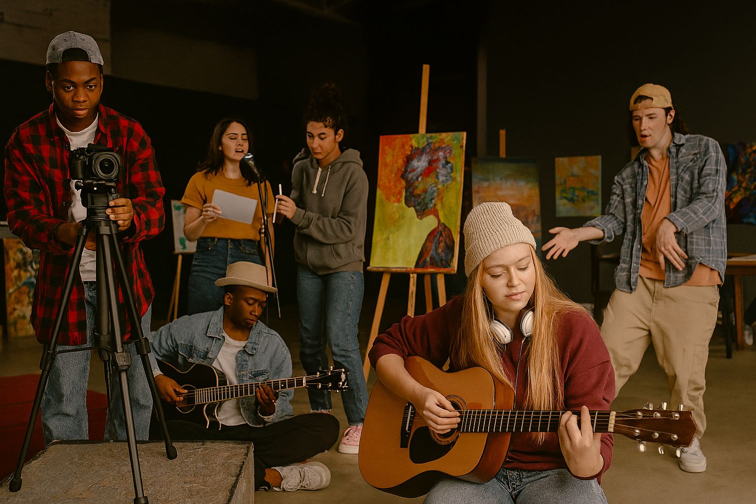 Diverse group of creative artists engaged in music, spoken word, filmmaking, and visual arts