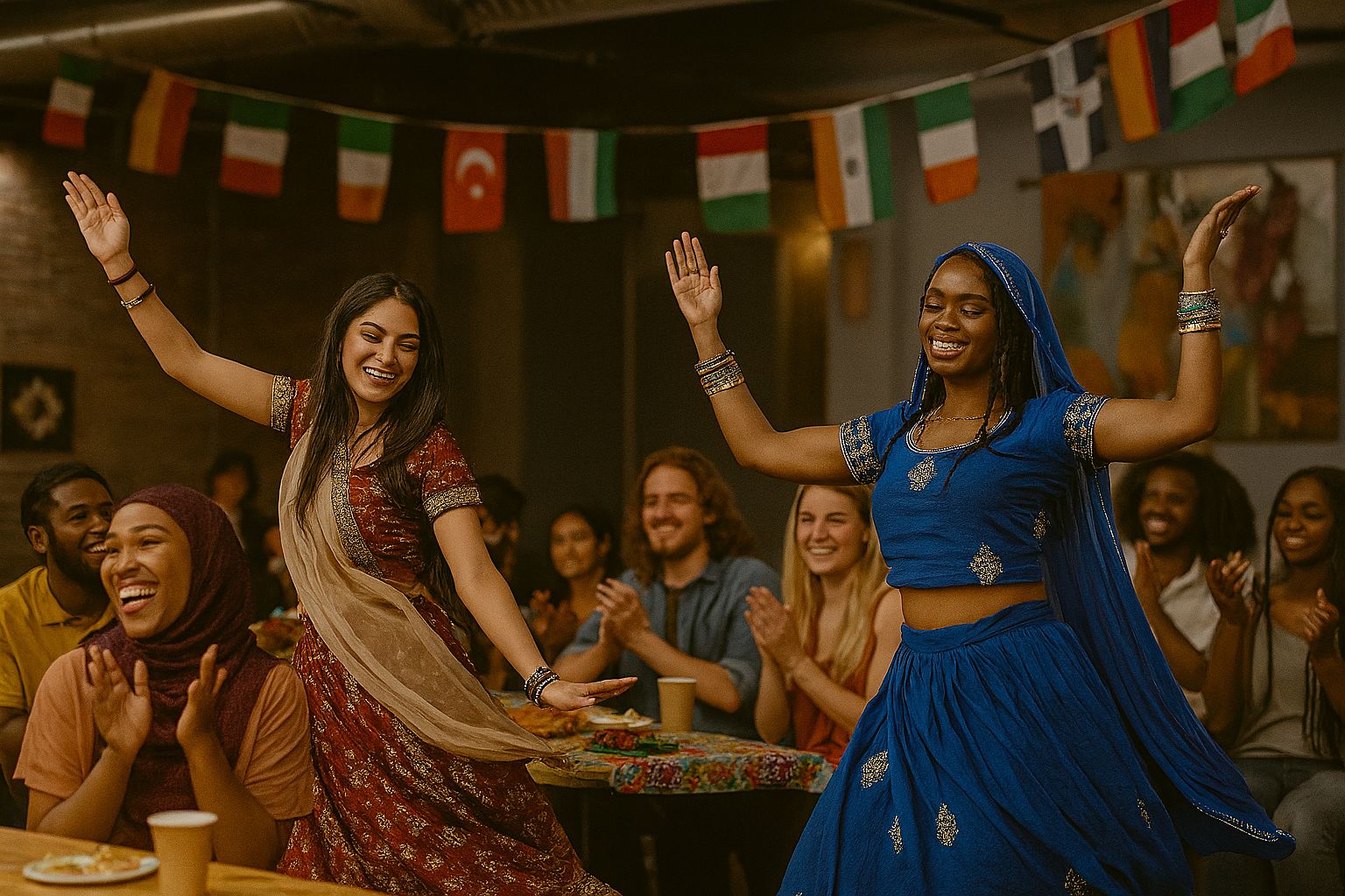 Multicultural celebration with people in traditional attire dancing under international flags