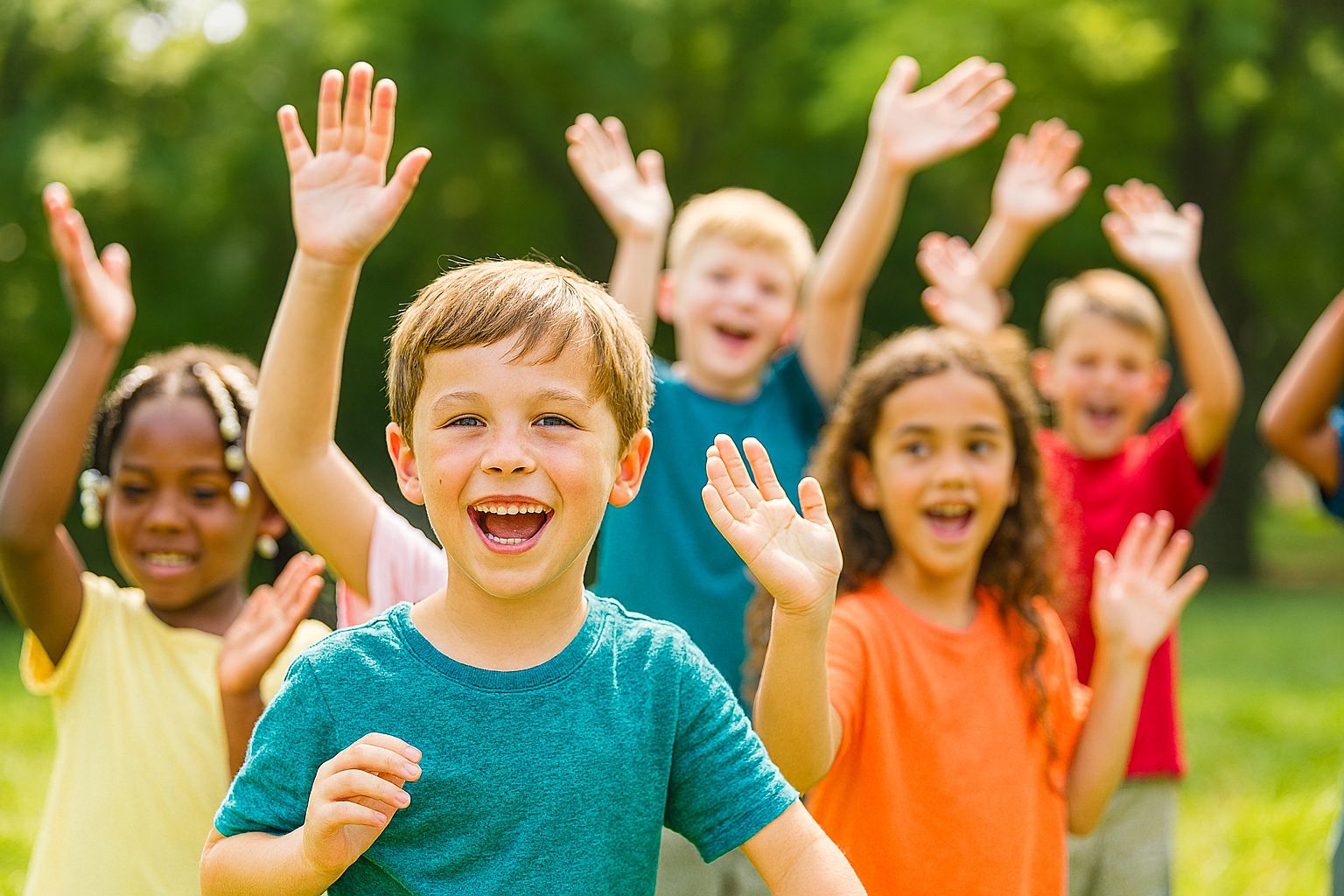 Happy diverse children with raised hands celebrating outdoor activities