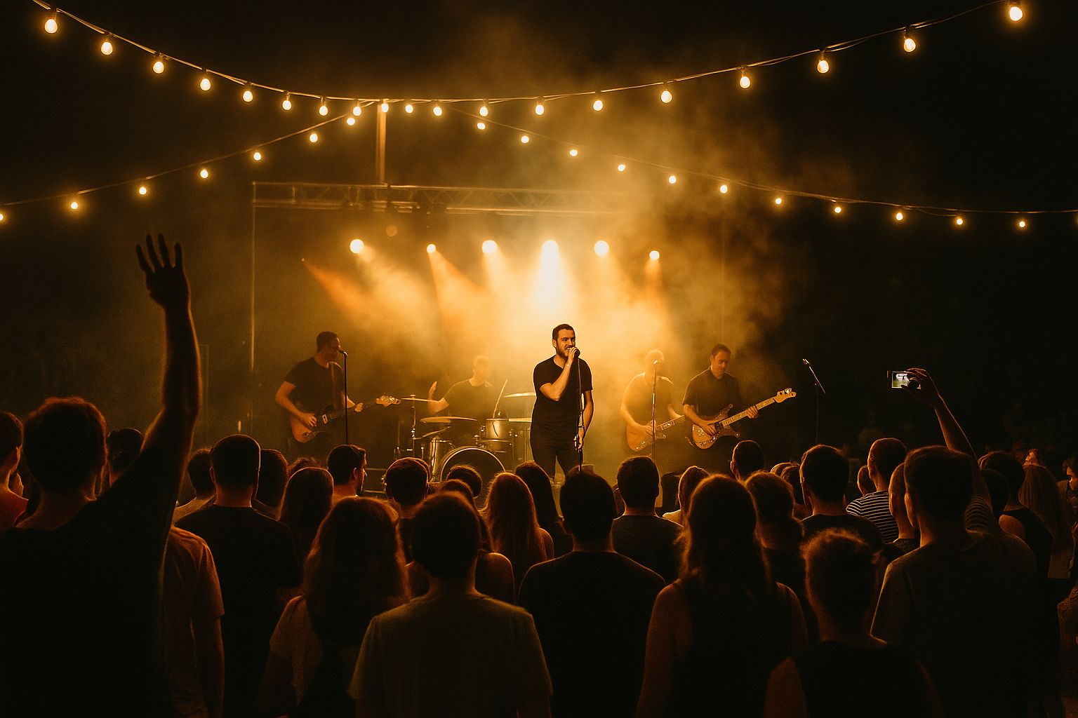 Atmospheric live music concert with band performing under dramatic lighting and engaged crowd