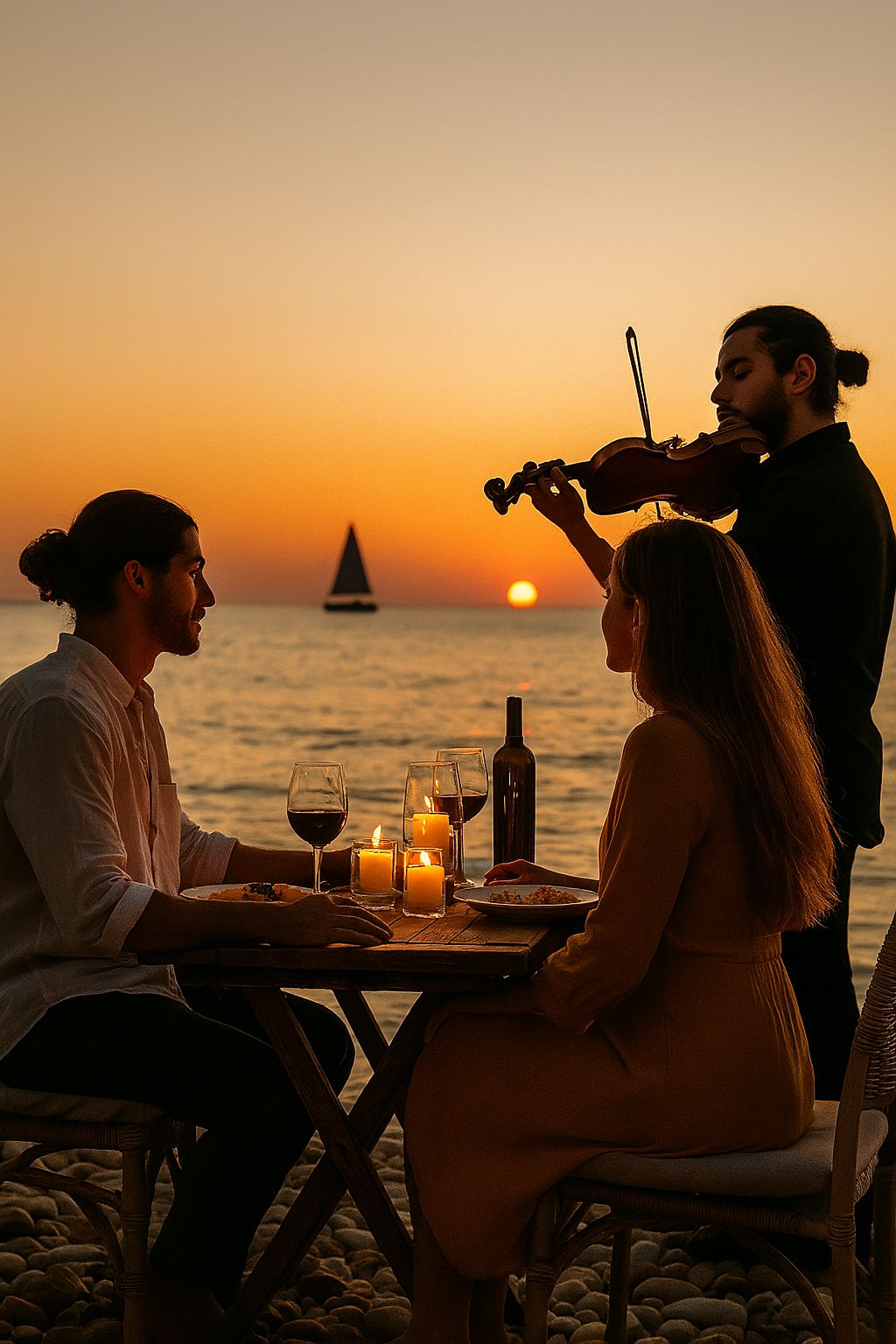Romantic sunset beach dinner with couple enjoying wine and live violin music by the sea