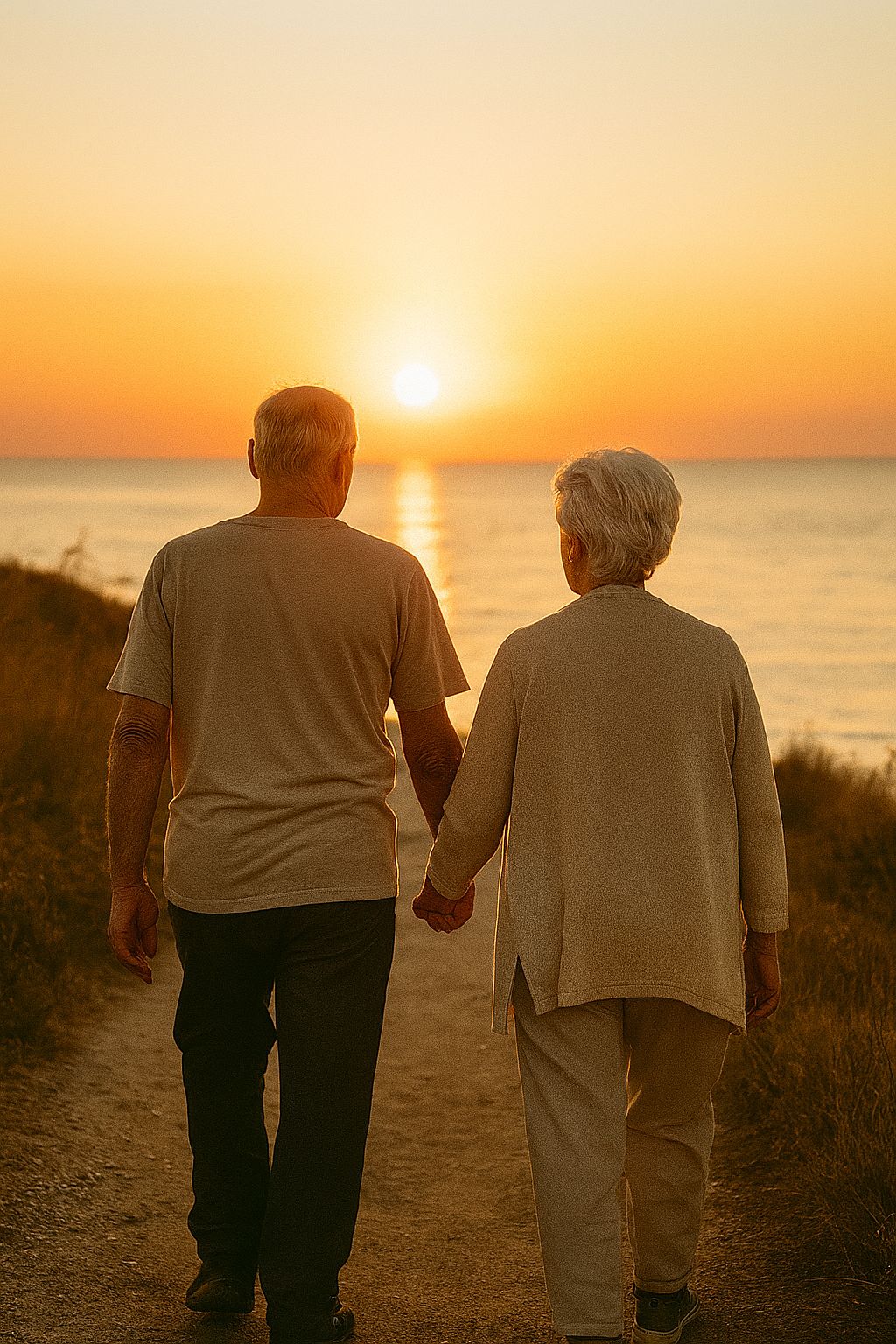 Peaceful elderly couple holding hands during golden hour sunset walk on coastal path